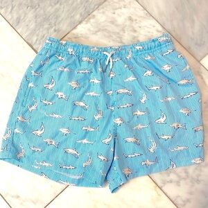 Bermies, mens medium, 3” inseam, blue & white w/ sharks, drawstring swim shorts